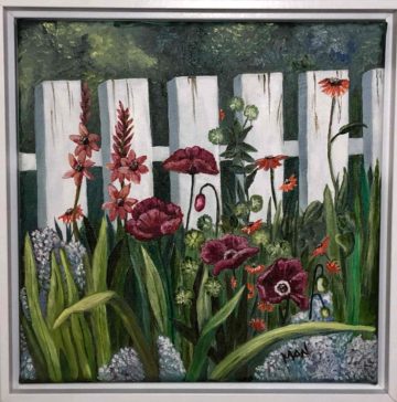 Painting of flowers with white fence